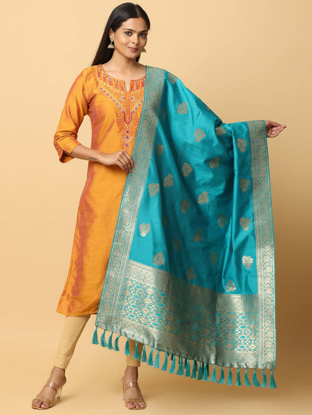 Rama silk blend dupatta with woven design and resham tassels