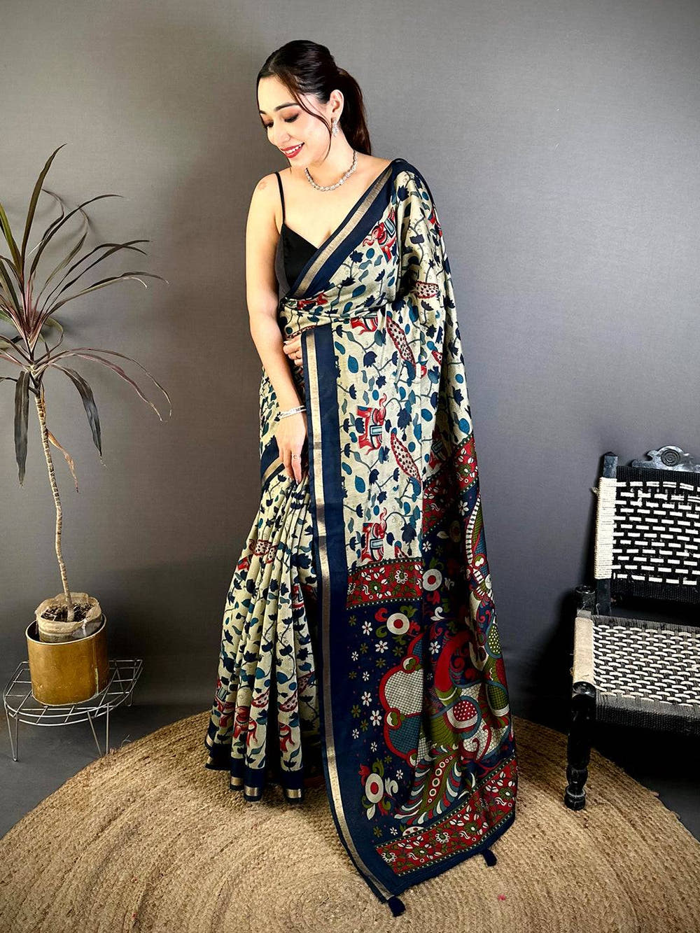 Regal Mul Cotton Elephant Kalamkari Print Saree