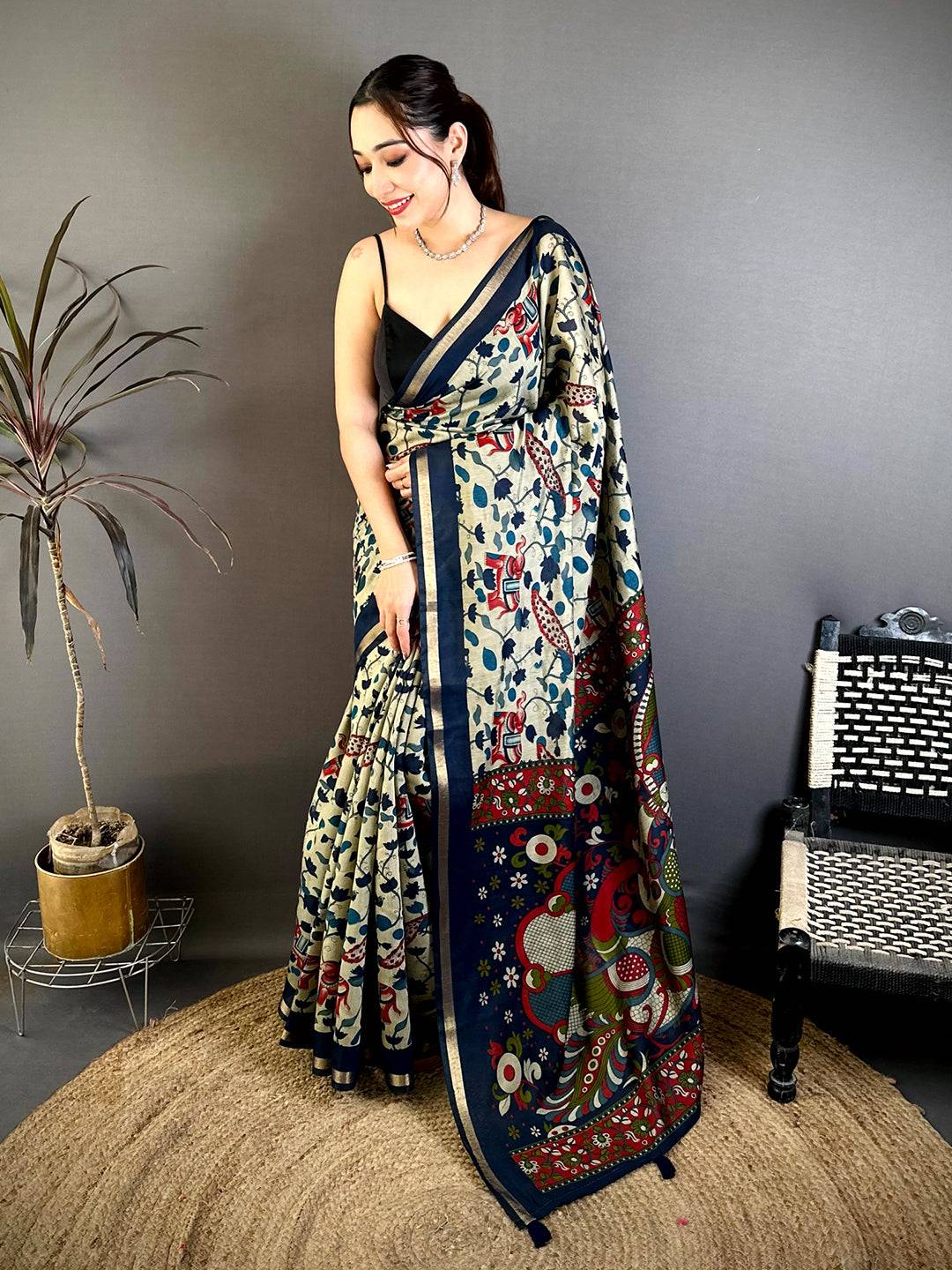 Regal Mul Cotton Elephant Kalamkari Print Saree