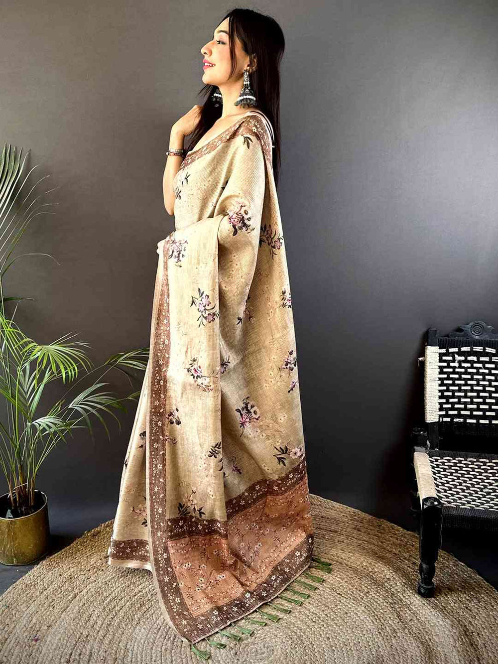 Beige Zari Tussar Floral Print Saree