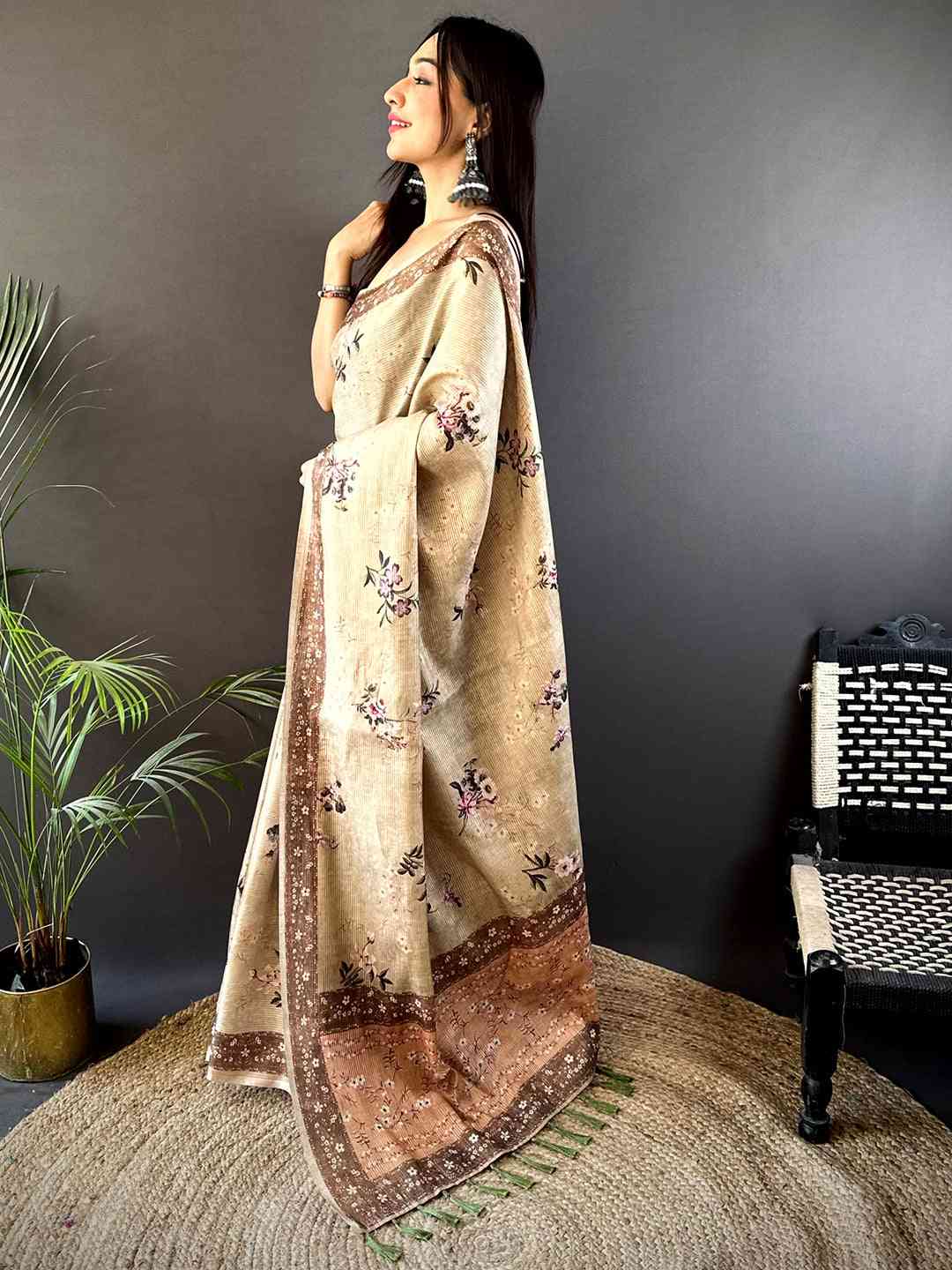 Beige Zari Tussar Floral Print Saree