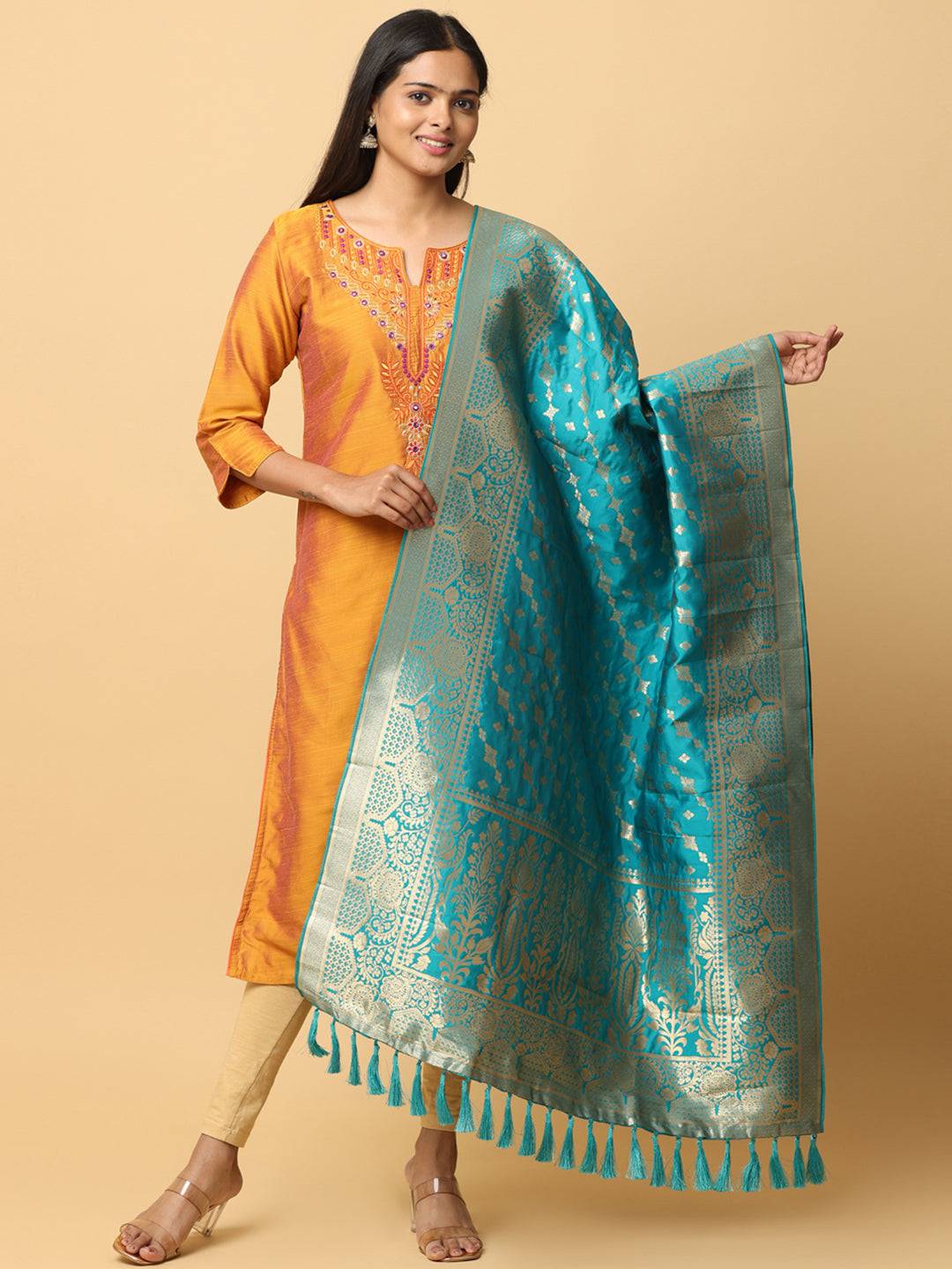 Turquoise silk blend dupatta with woven design and tassels