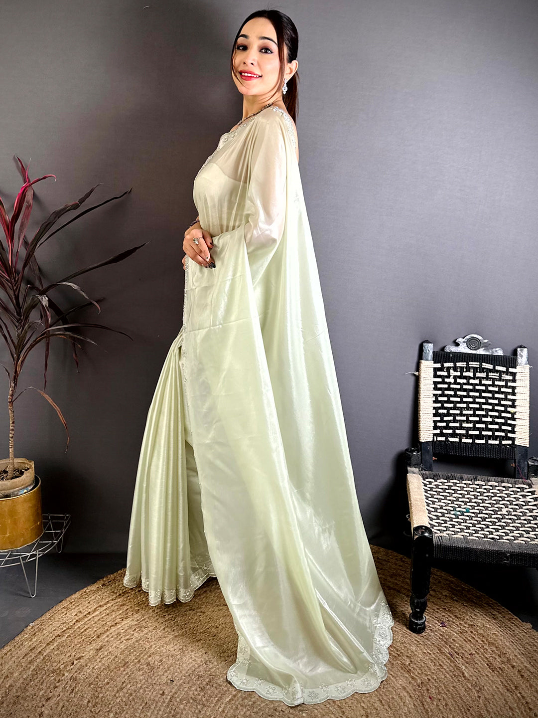 Stylish Silver Glass Swarovski Silk Saree