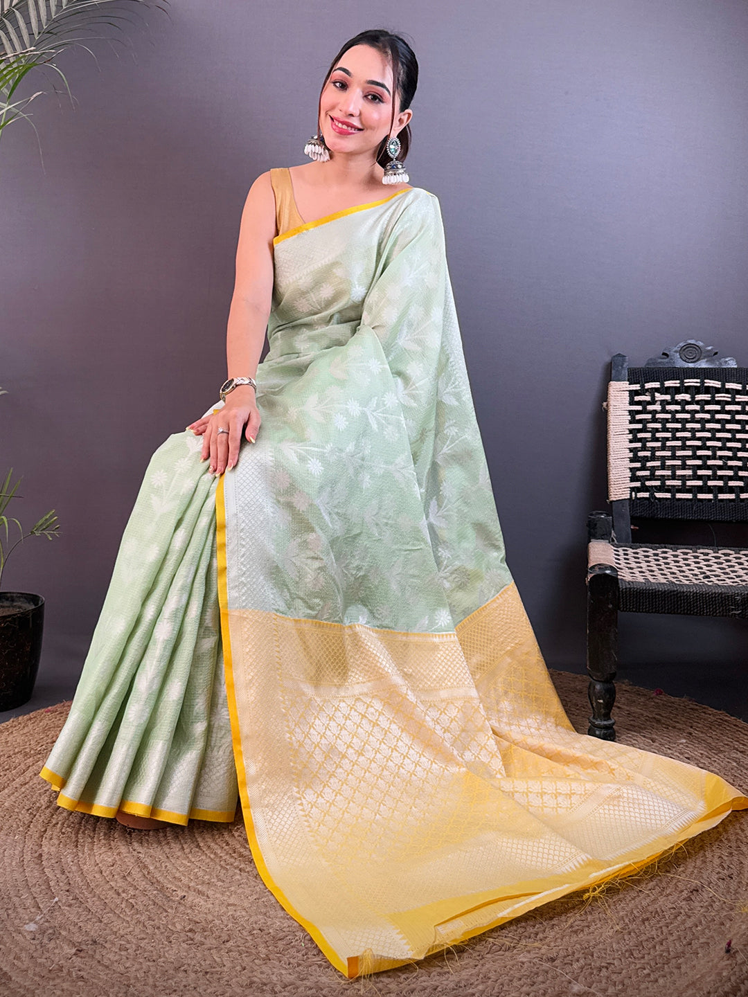 Pastel Green Kota Kora Meenakari Saree