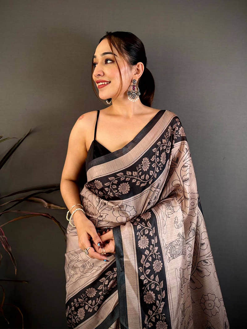 Rust Pen Kalamkari Print Soft Tussar Saree