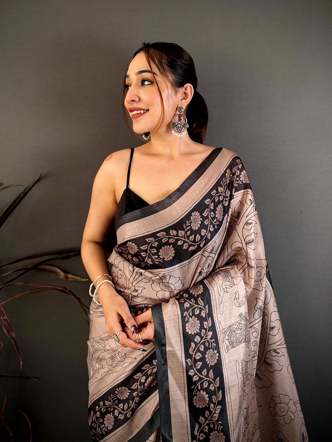Rust Pen Kalamkari Print Soft Tussar Saree