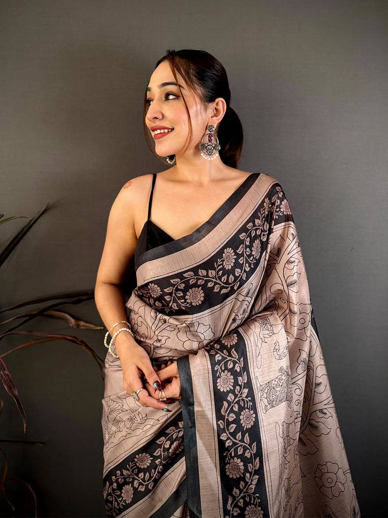 Rust Pen Kalamkari Print Soft Tussar Saree