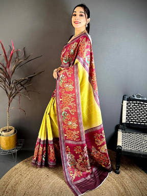 Mustard Yellow Pen Kalamkari Saree