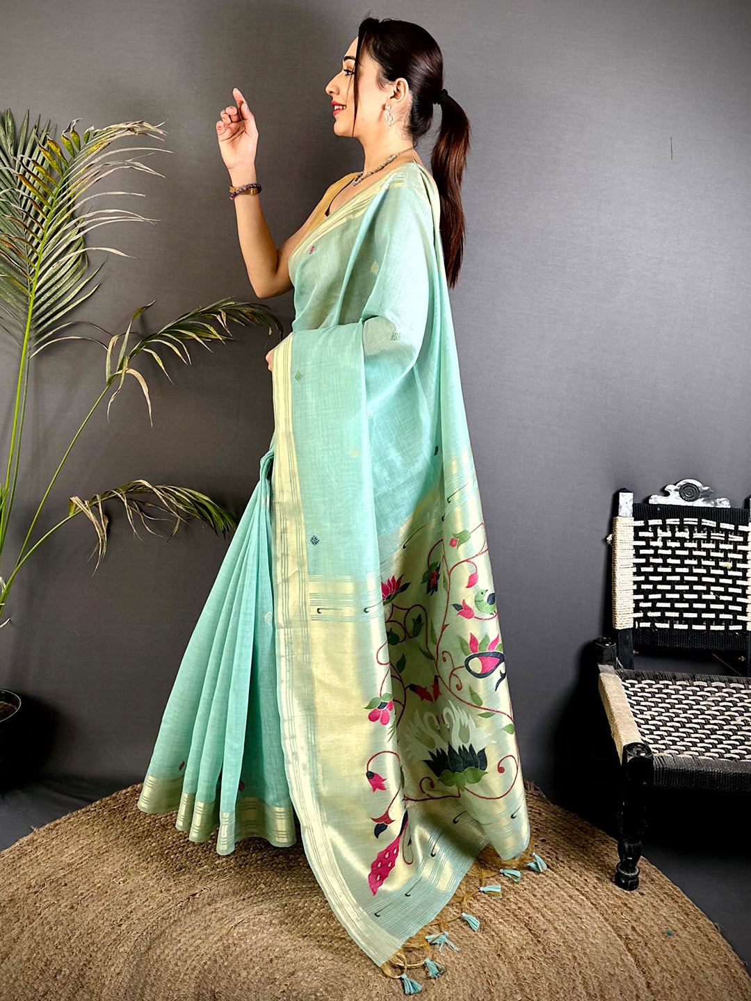 Sky Blue Swan Minakari Linen Saree