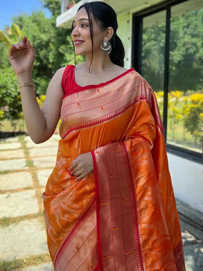 Elegant orange Paithani silk saree with red blouse