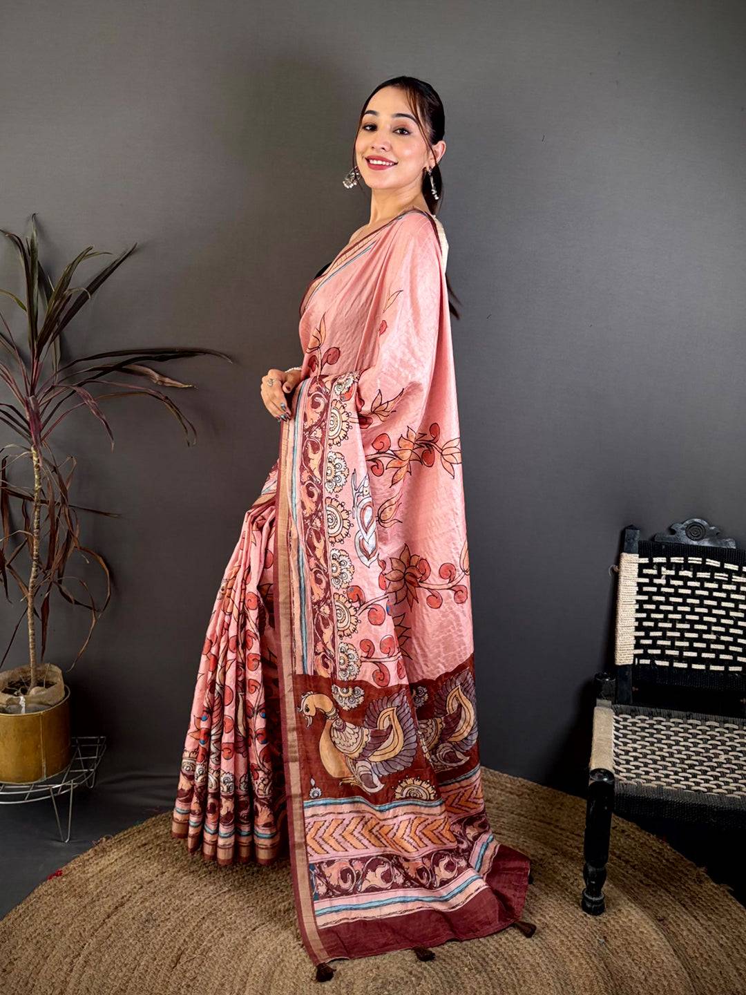 Classic Kalamkari Lotus Tussar Saree