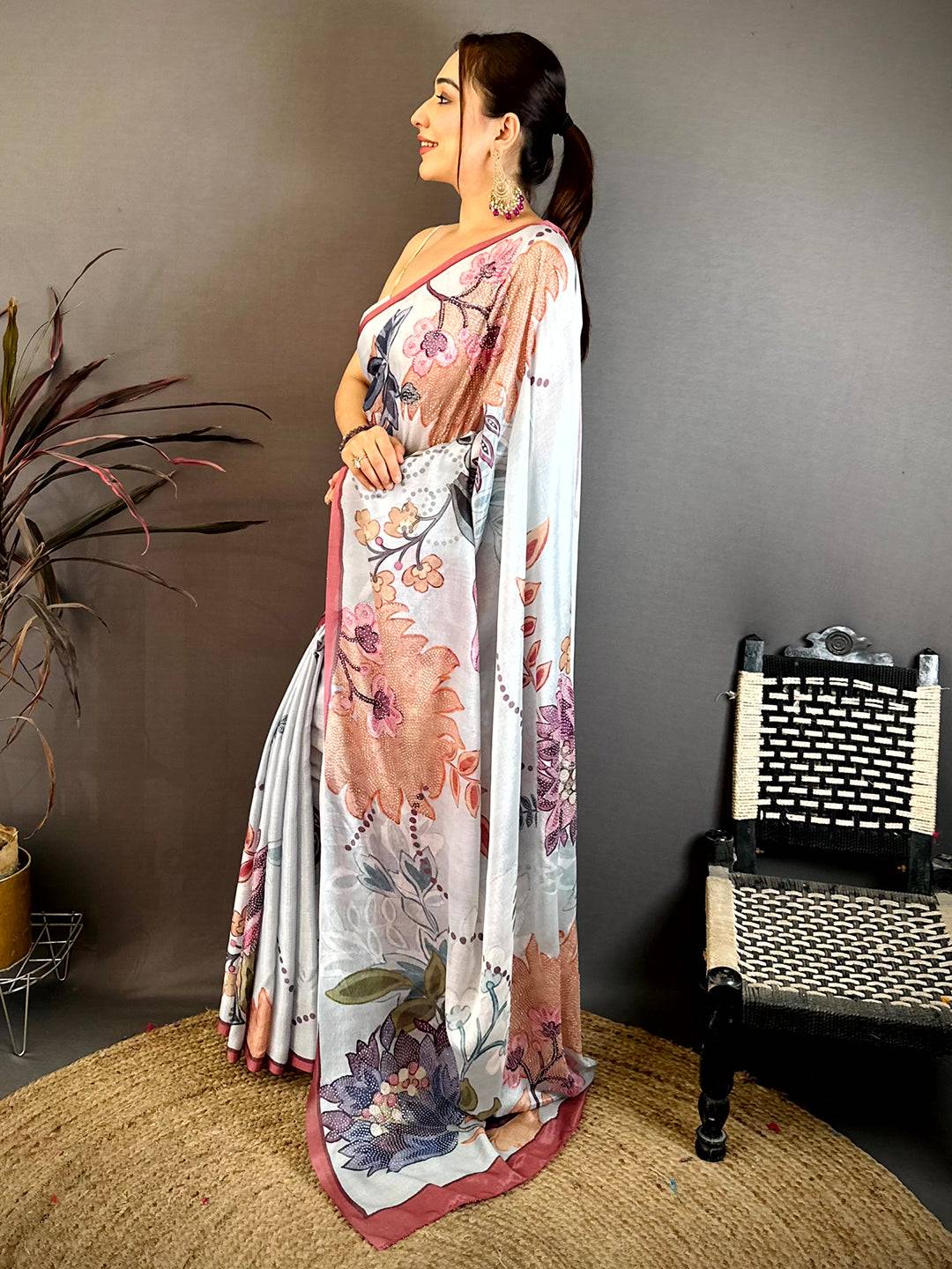 Light Blue Stone Work Floral Chinnon Saree
