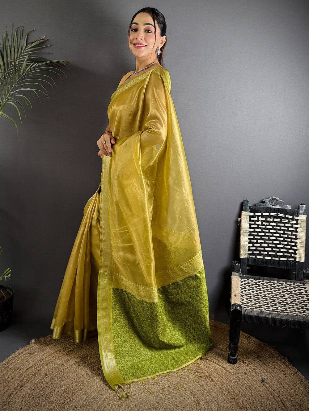 Radiant Green Gold Zari Tissue Saree

