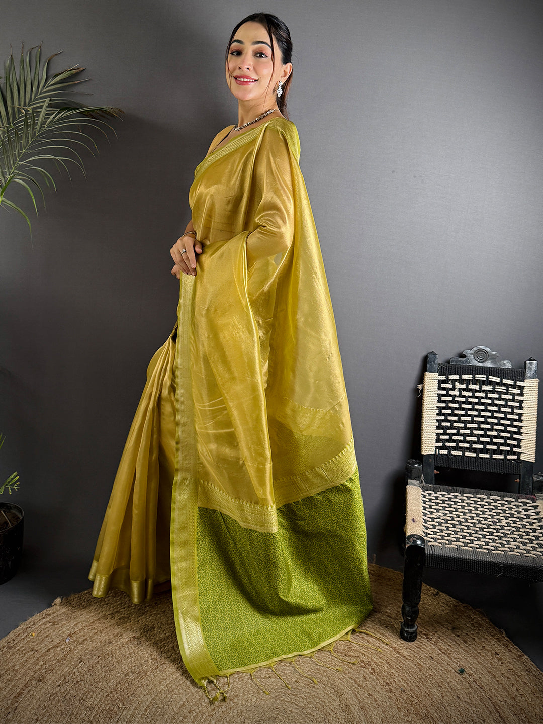 Radiant Green Gold Zari Tissue Saree