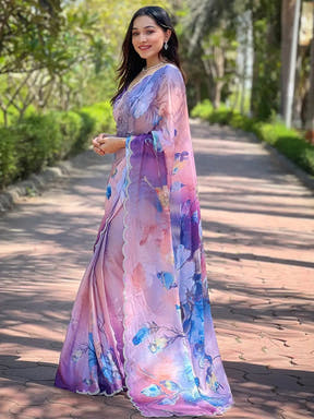 Lust Lavender Satin Georgette Floral Print Saree

