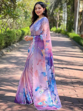 Lust Lavender Satin Georgette Floral Print Saree

