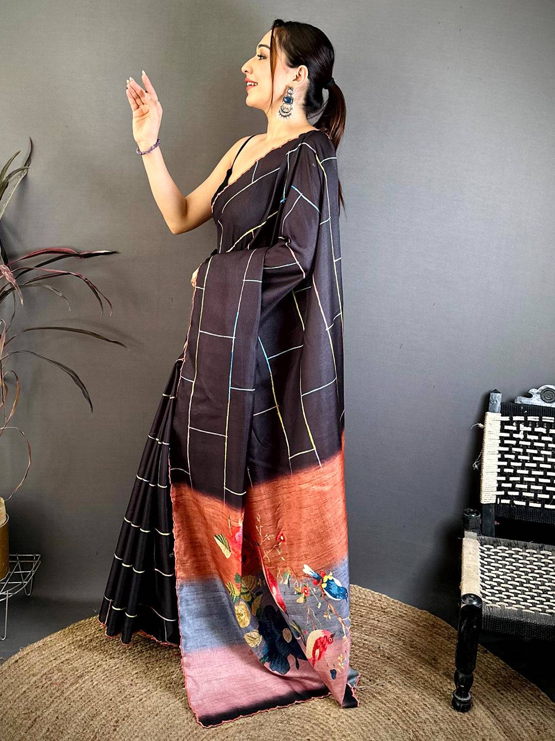 Royal Floral Embroidery Tussar Saree