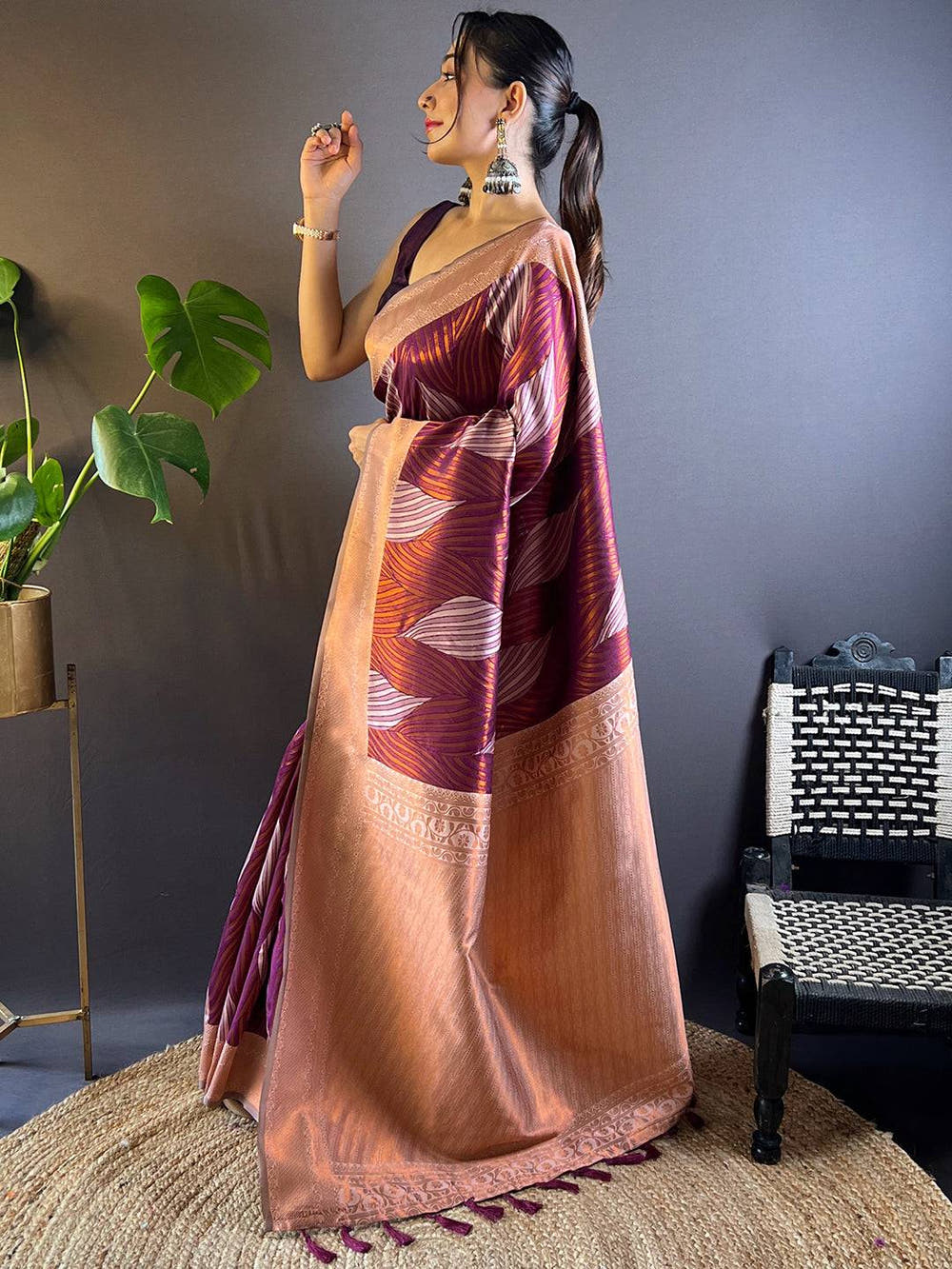 Cherry Tussar Silk Zari Weaving Ikkat Saree

