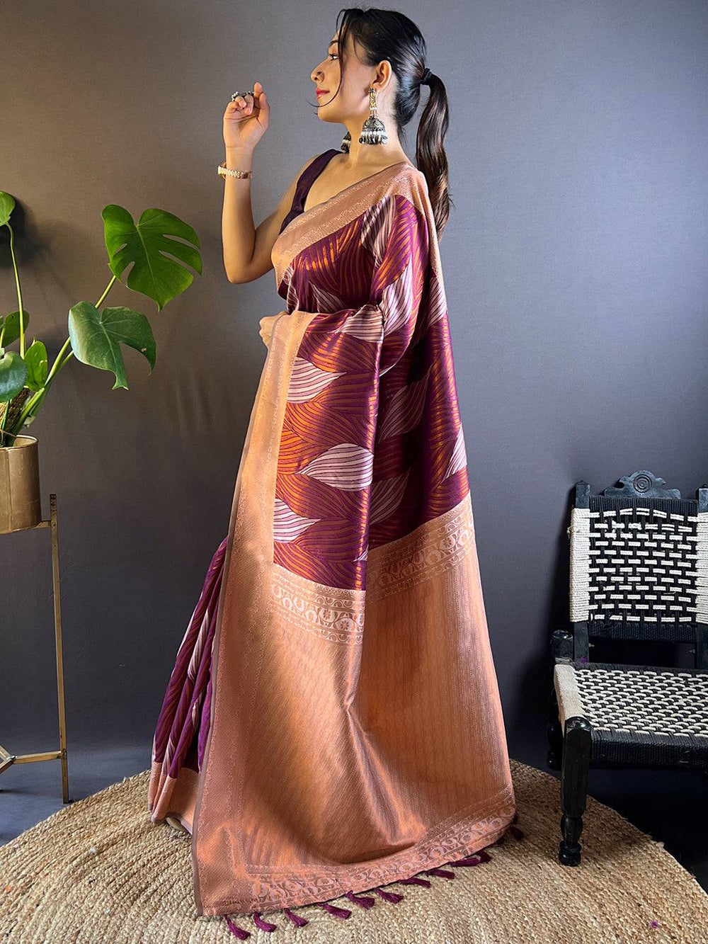 Side View of Cherry Tussar Silk Ikkat Saree