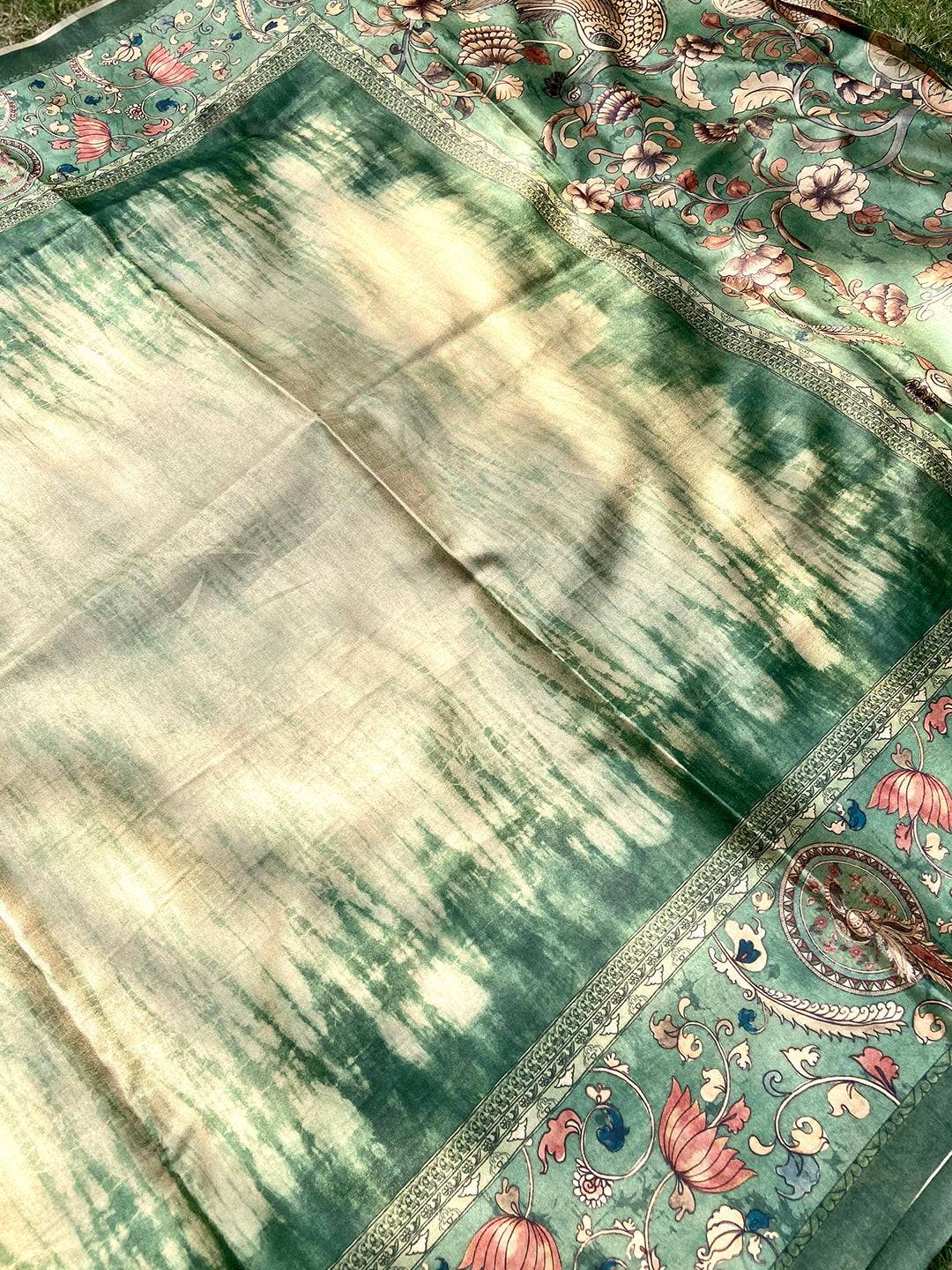 Green Colour Tussar Silk Saree With Batik and Kalamkari Print Border