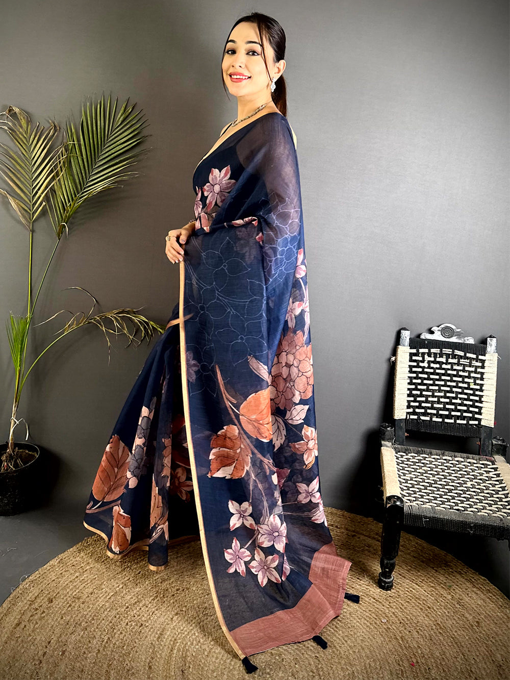 Classic Navy Floral Linen Saree


