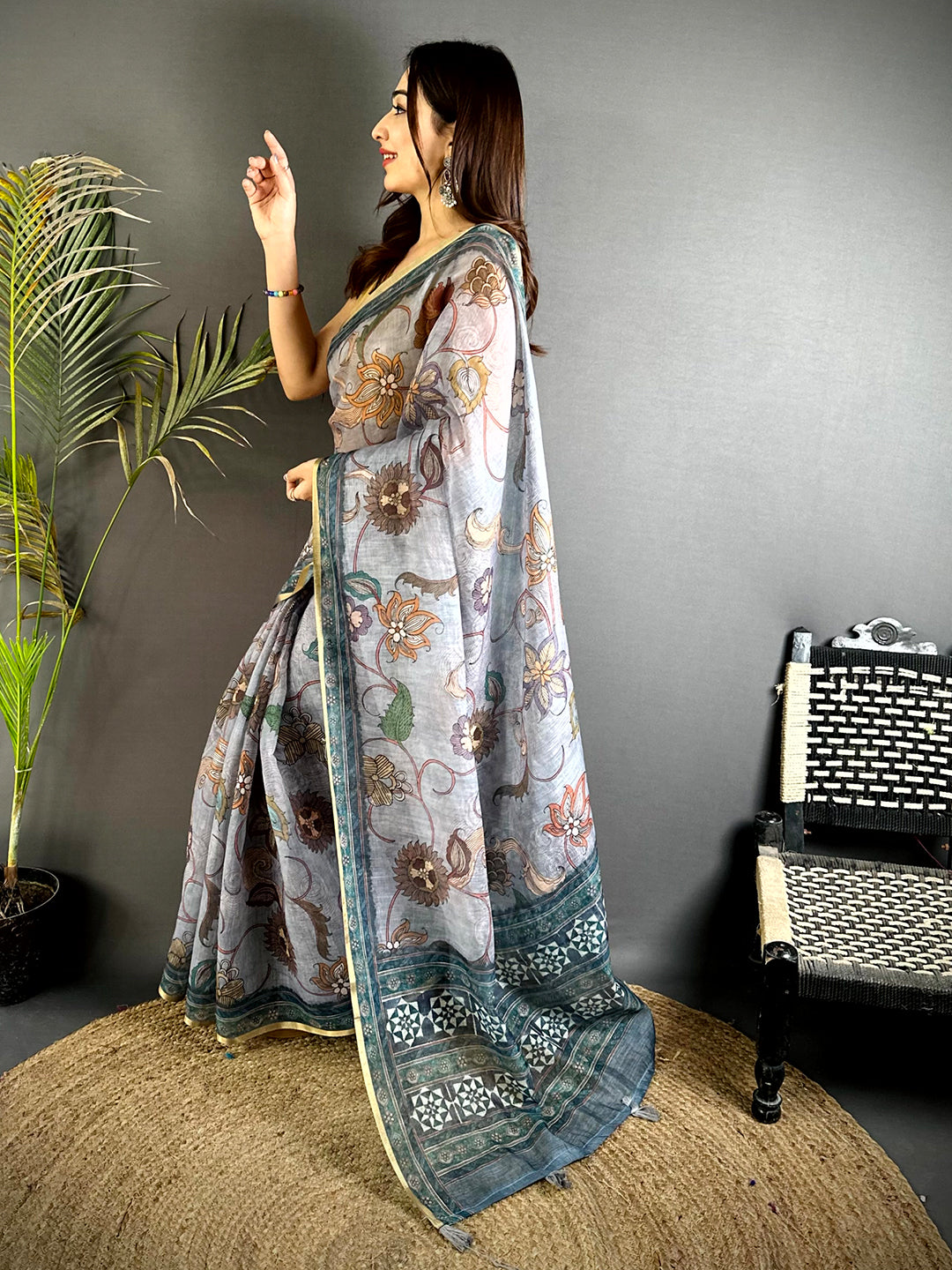 Ethereal Linen Tissue Ajrak Zari Saree