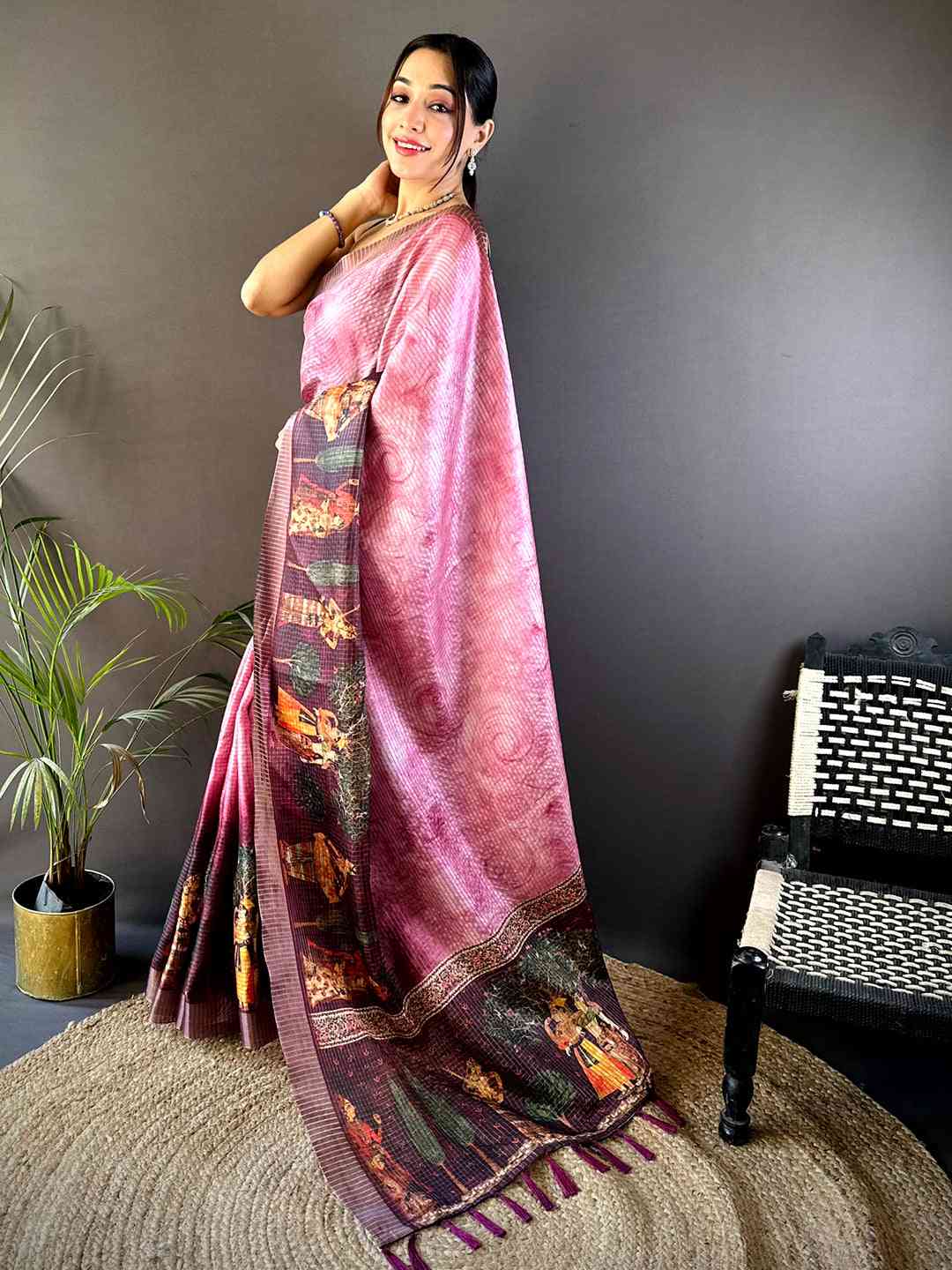 Light Pink Kalamkari Pichwai Black Check Saree