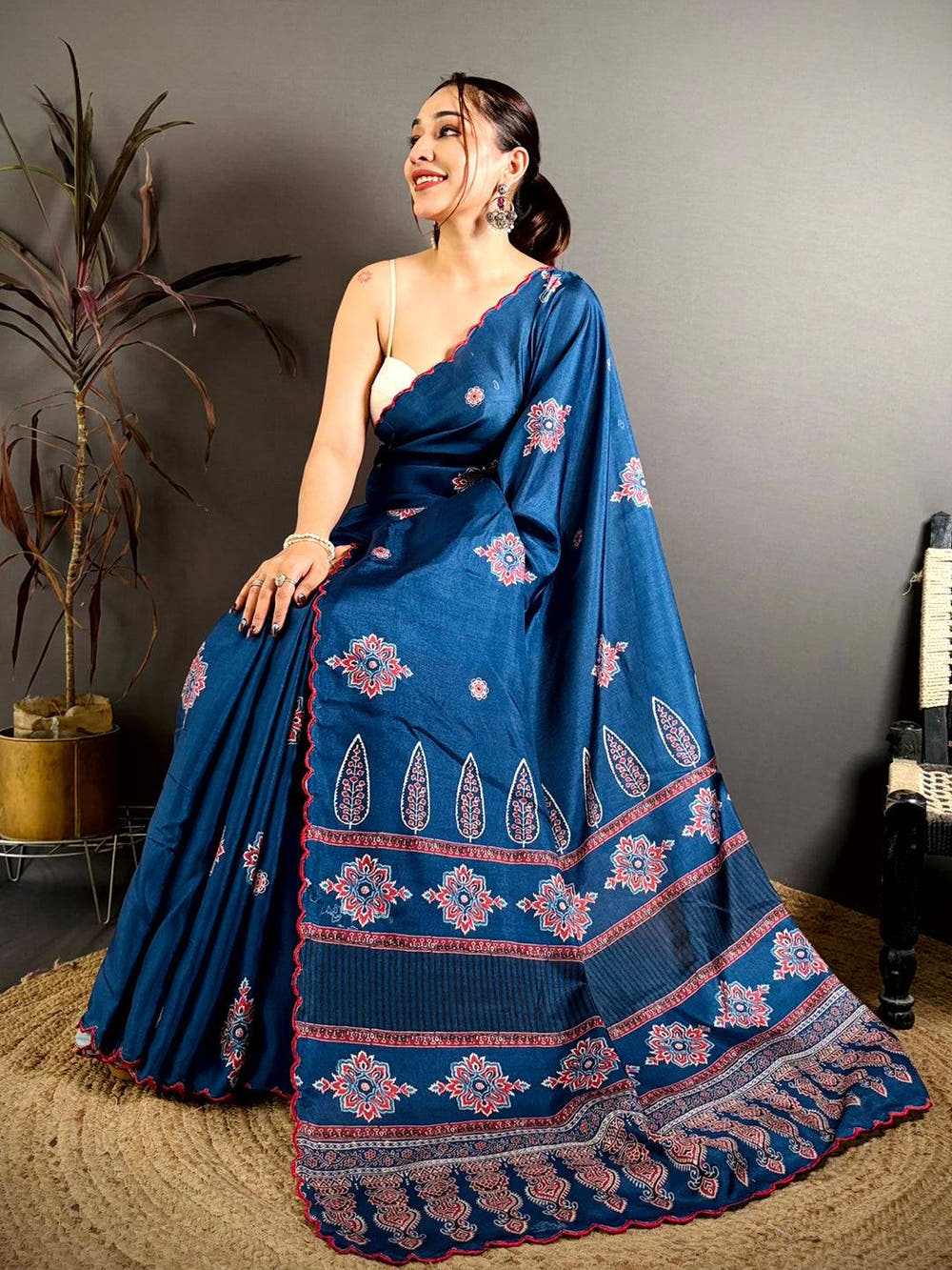Classic Ajrakh Printed Tussar Saree

