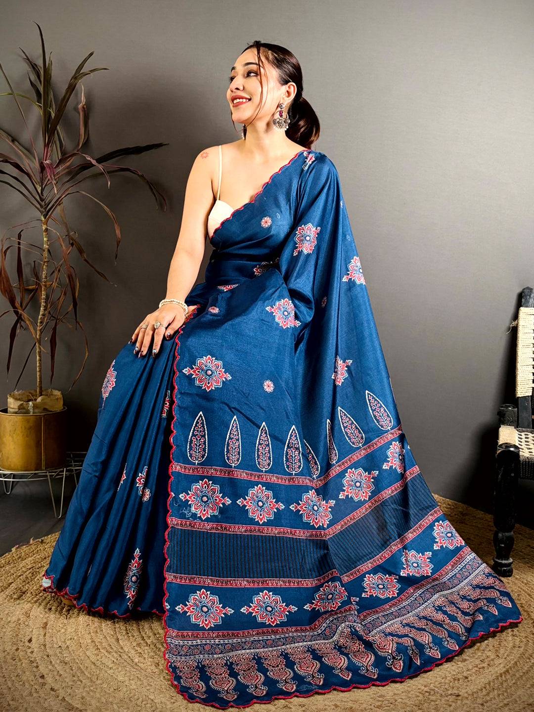 Classic Ajrakh Printed Tussar Saree

