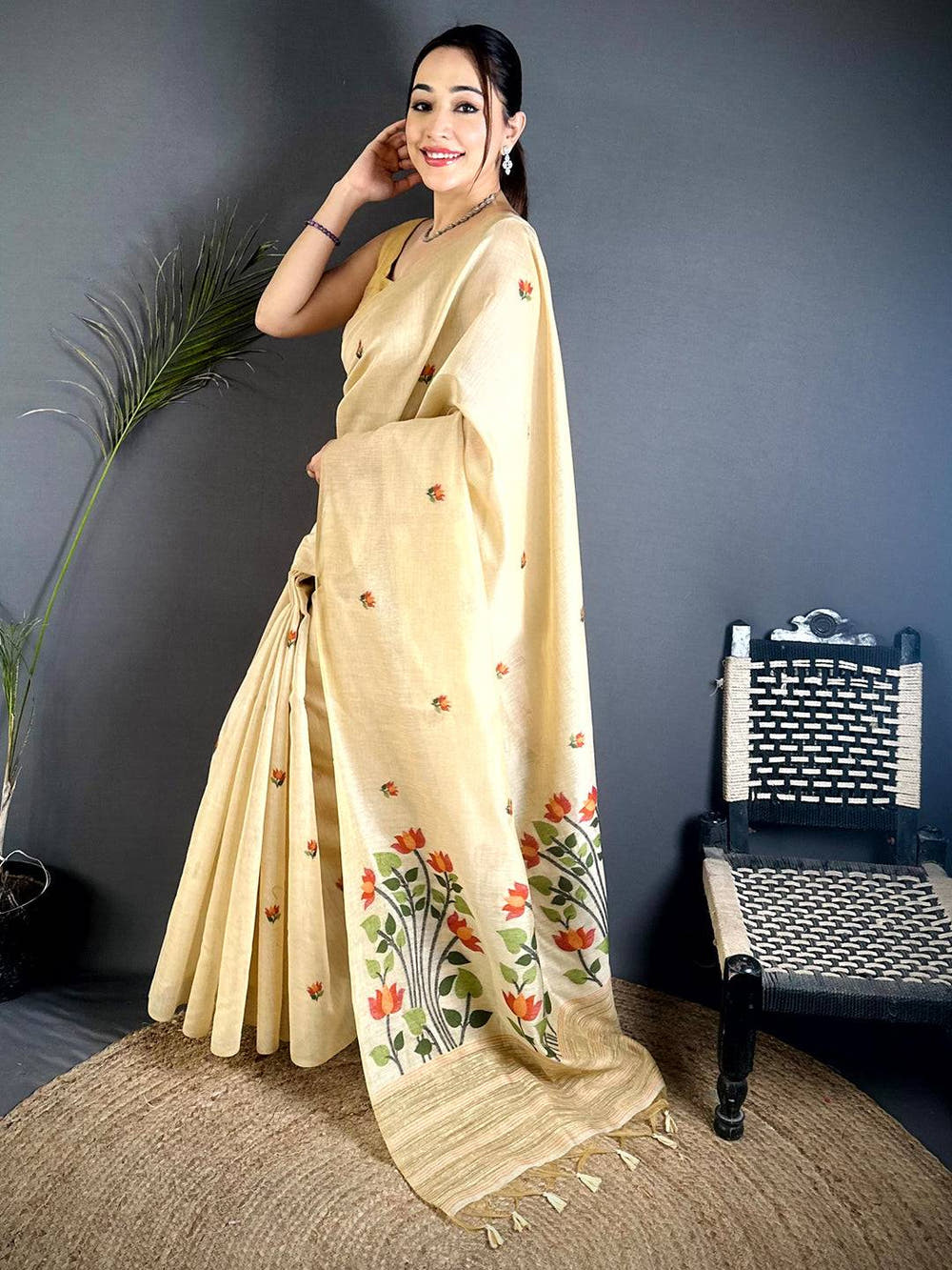 Cream Ghicha Minakari Weave Saree
