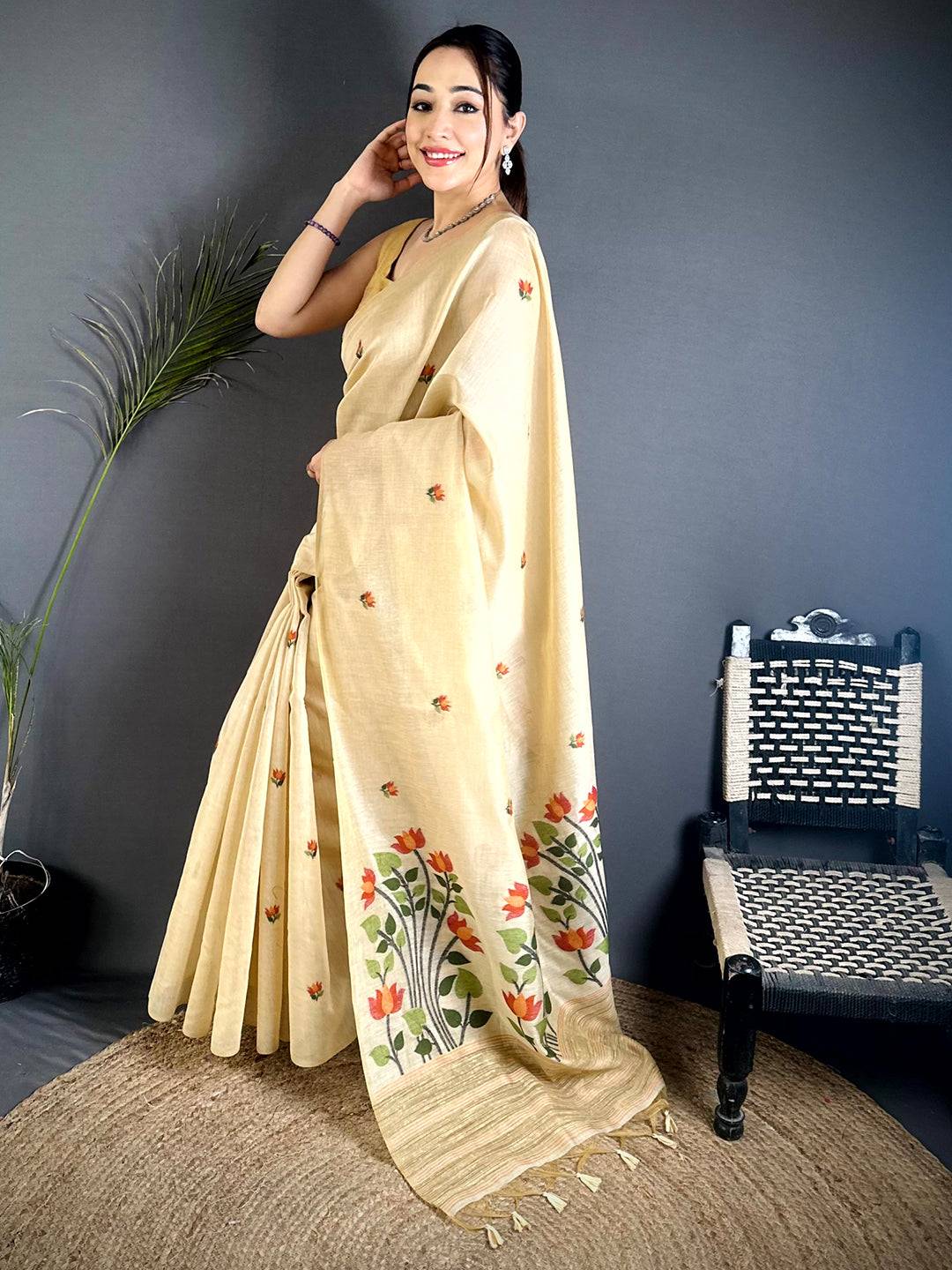 Cream Ghicha Minakari Weave Saree