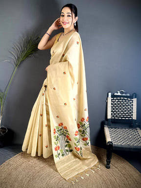 Cream Ghicha Minakari Weave Saree