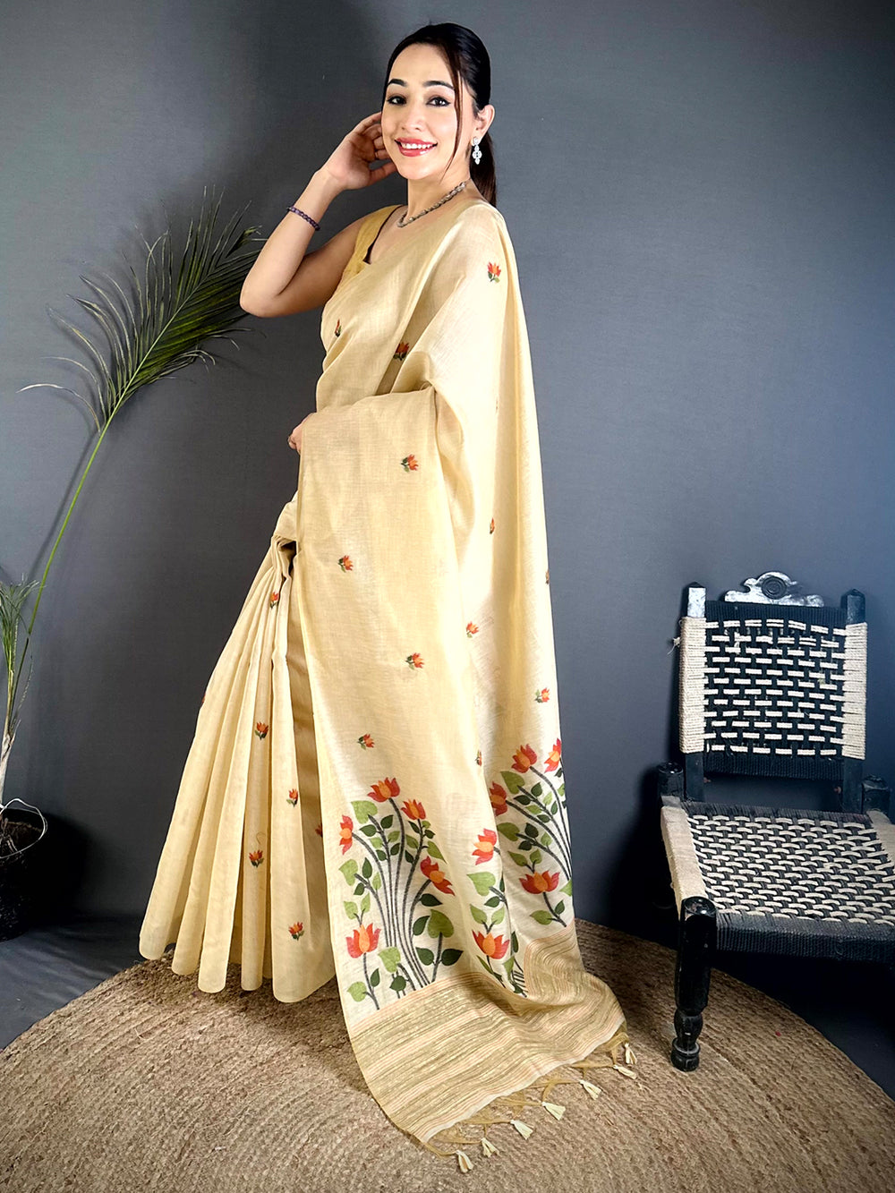Cream Ghicha Minakari Weave Saree
