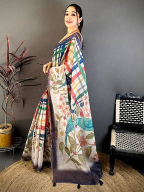 Elegant Linen Chanderi Check Saree