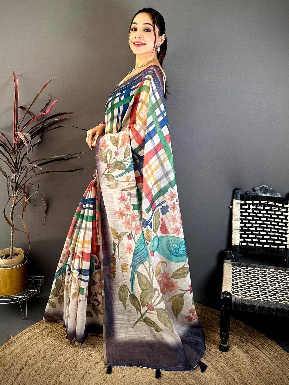Elegant Linen Chanderi Check Saree