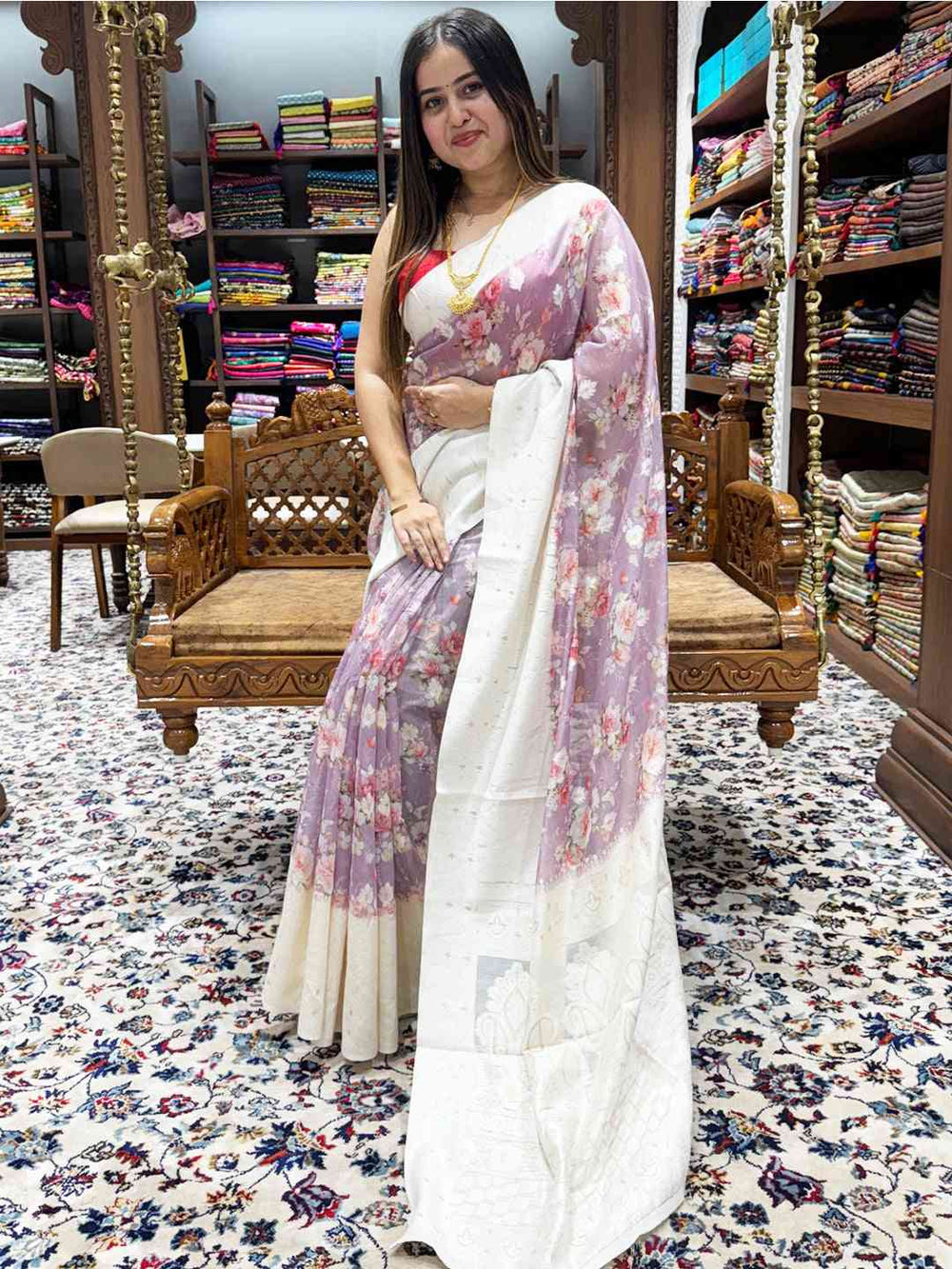 Violet digital print Bollywood saree with floral design