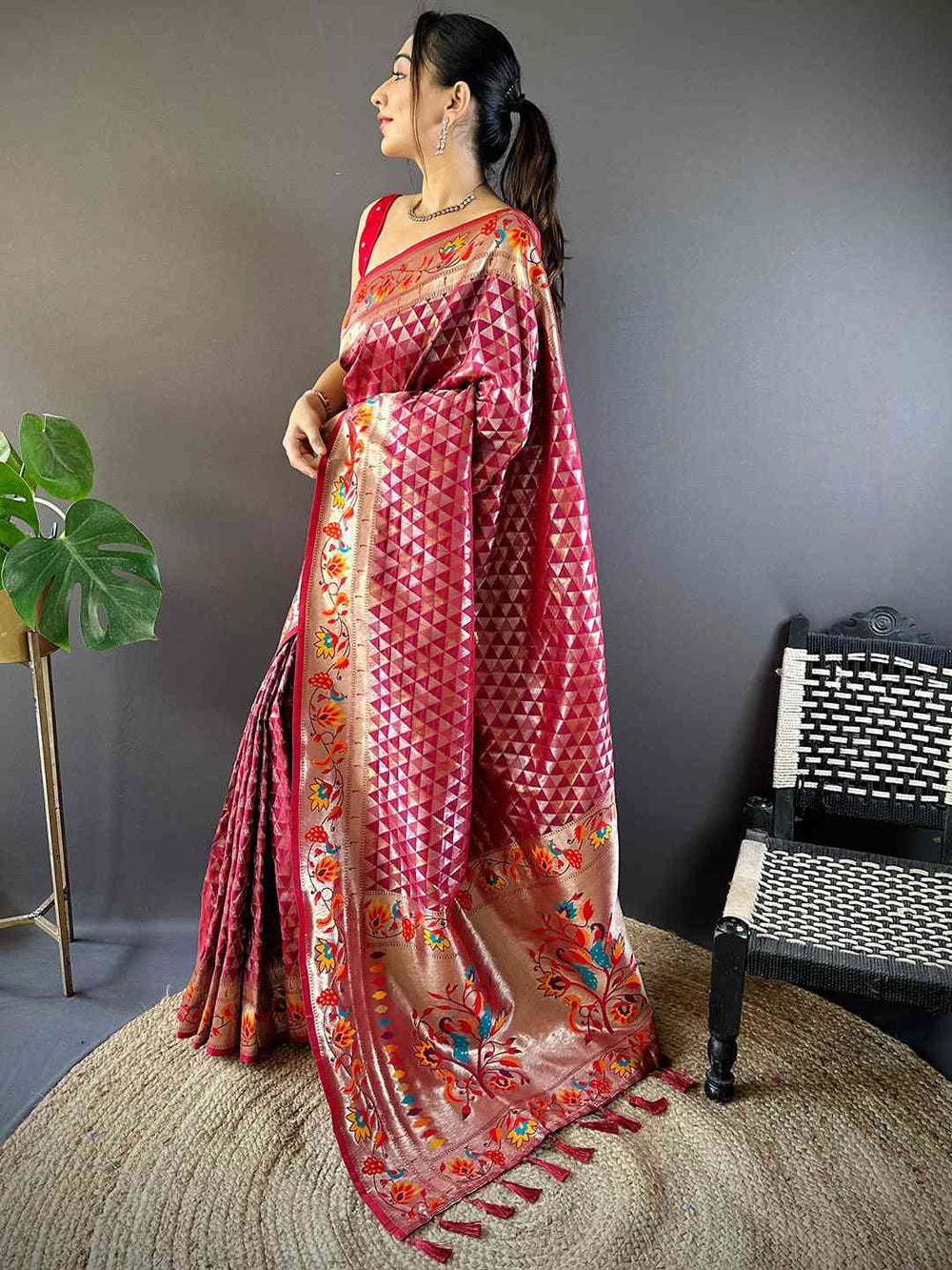 Side view of Maroon Silk Blend Paithani Saree with Zari Work