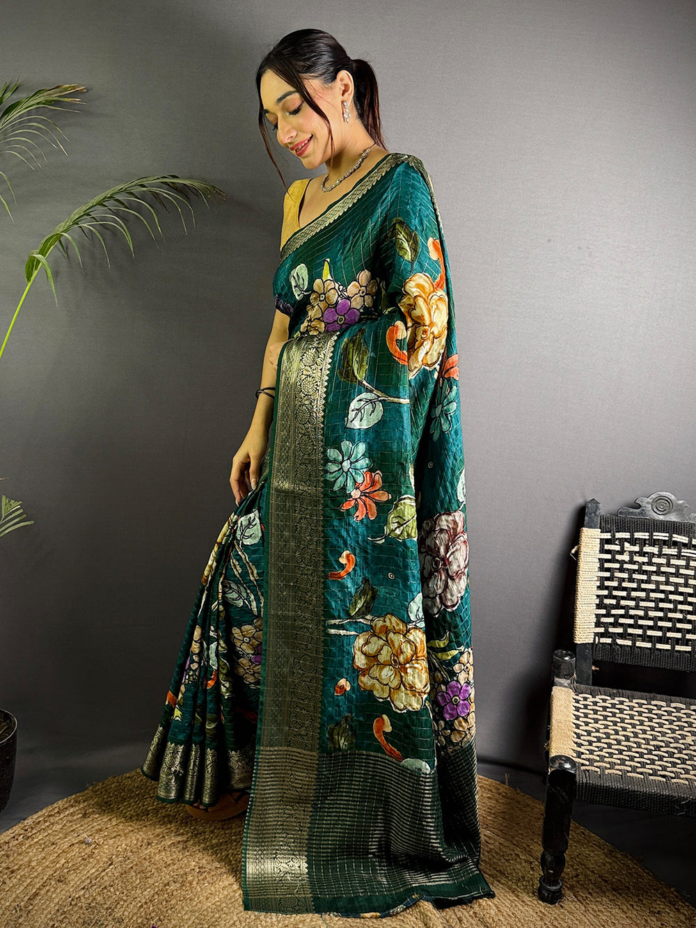 Teal Pure Viscose Kalalmkari Print Saree