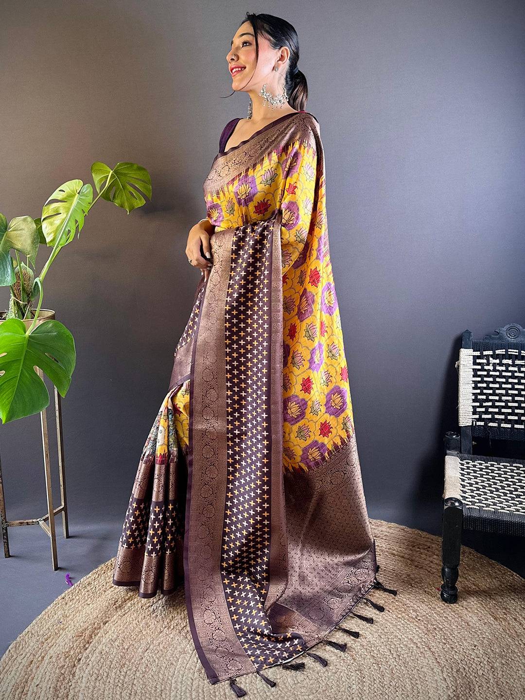 Golden Cross Ikkat Yellow Saree