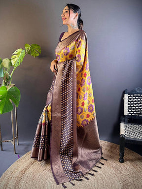 Golden Cross Ikkat Yellow Saree