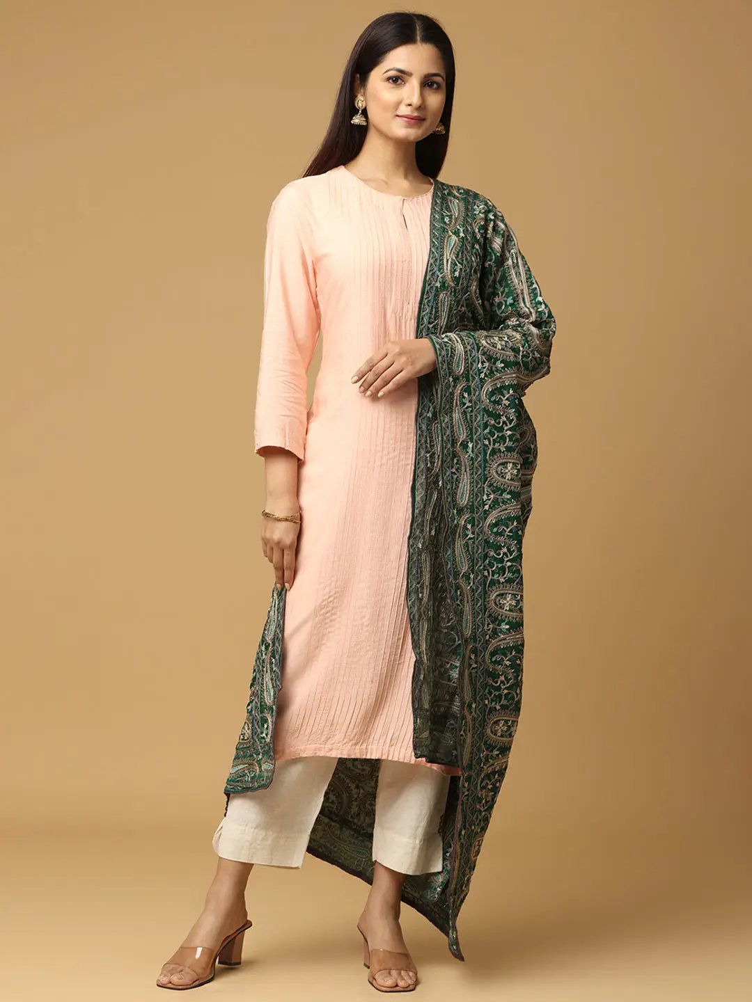 Front view of Green Poly Chiffon Pashmina Dupatta