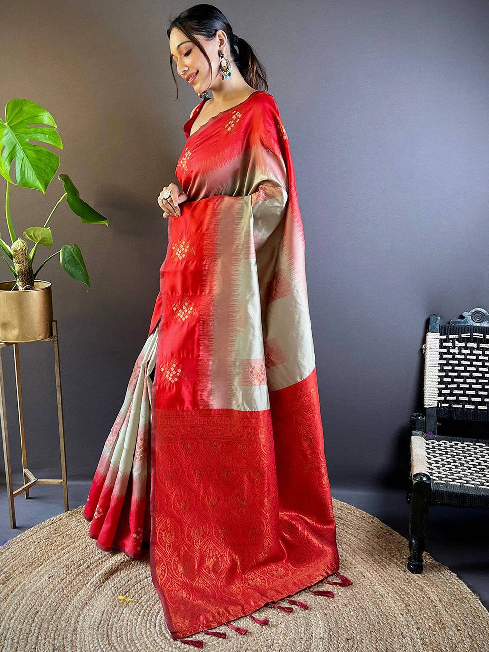 Model showcasing Red Sami Banarasi Tussar Silk Saree