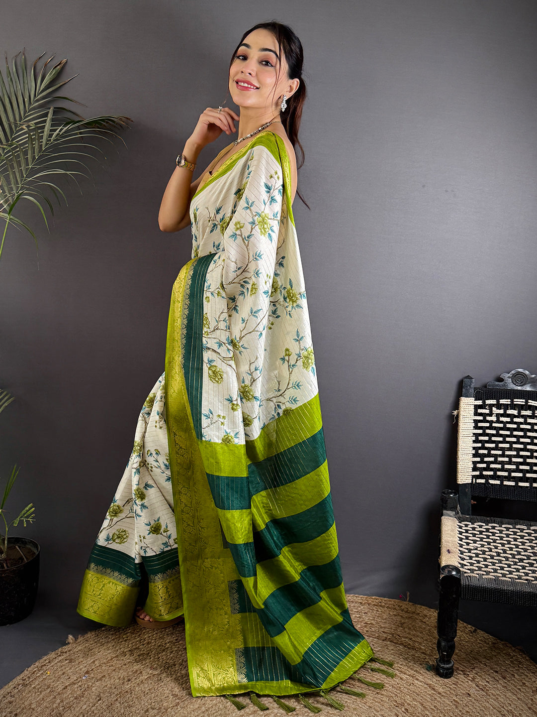 Green Soft Dola Silk Zari Katha Saree