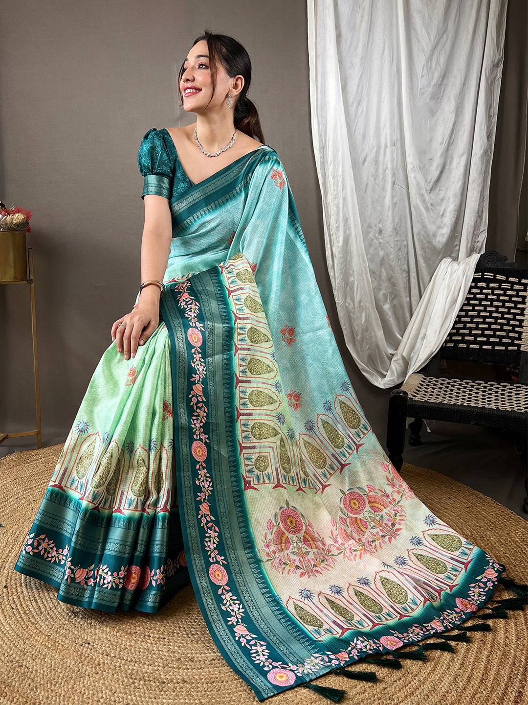 Elegant Poppy Blue Kota Satin Border Saree with intricate design