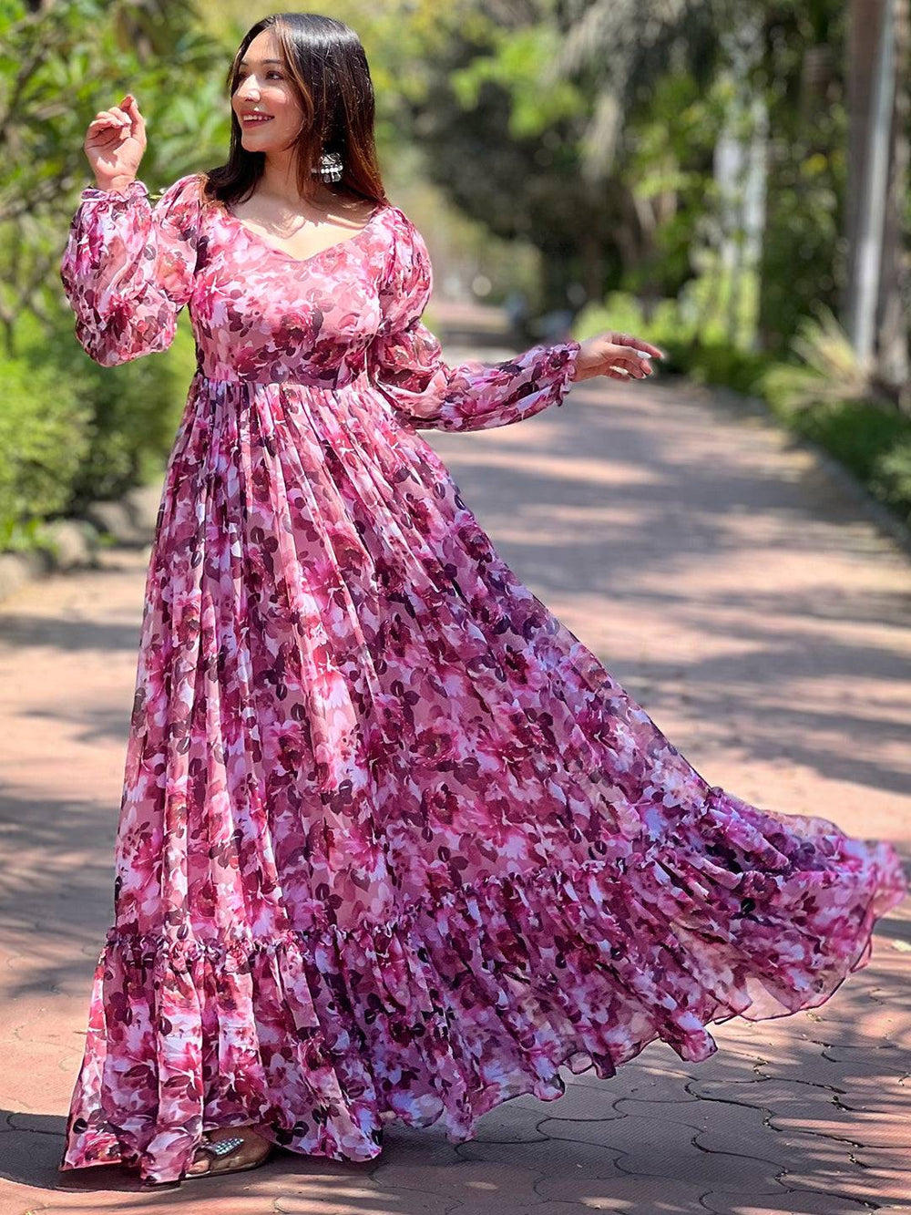 Wine Floral Bundl Print Dress with flowing design