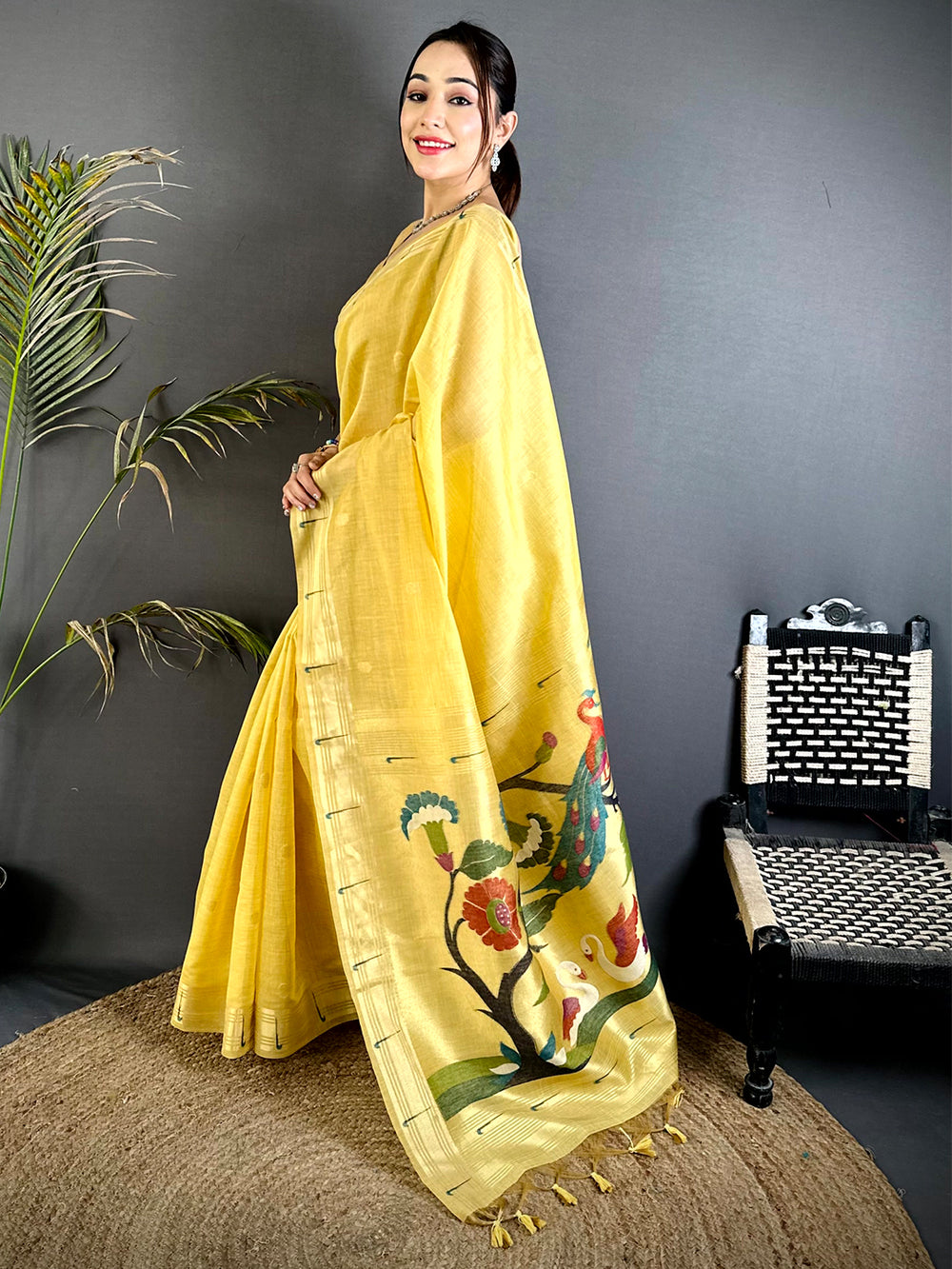 Yellow Minakari Grace Khadi Linen Saree
