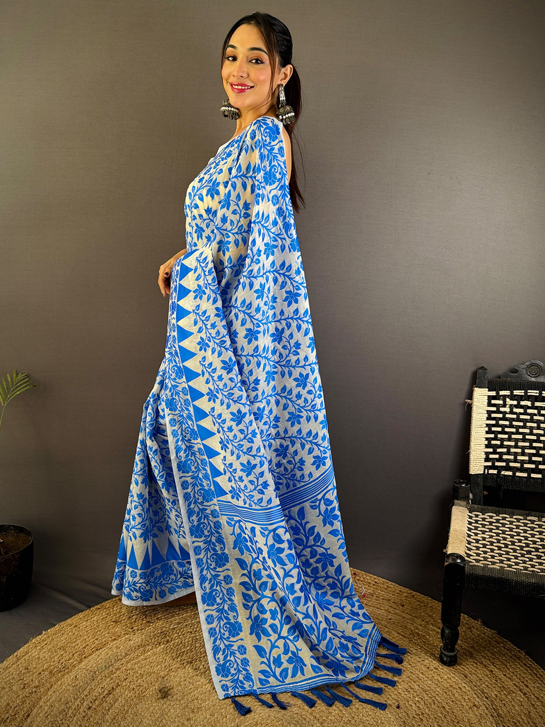 Sky Blue Dhakai Jamdani Cotton Silk Saree