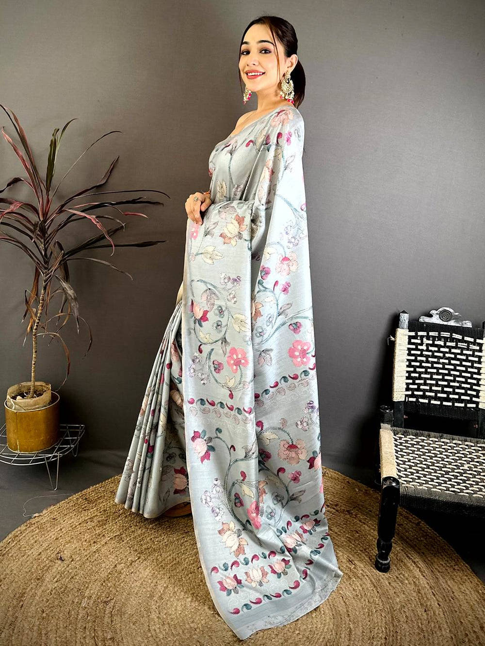 Opulent Katha Work Soft Zarna Silk Saree