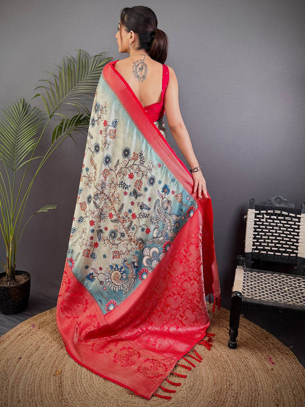 Sage Green Kalamkari Printed Soft Satin Saree