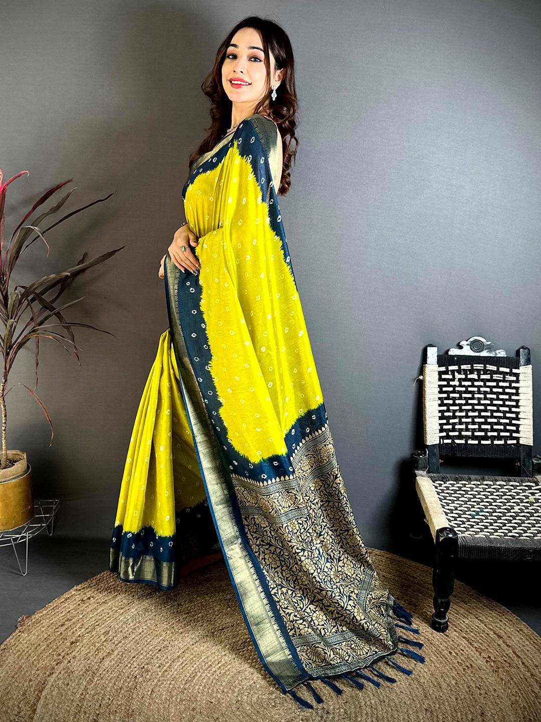 Yellow Bandhej Printed Dola Silk Saree